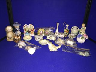 Quantity of Assorted Porcelain Figurines, Teacups/Saucers, Trinket Holders, Etc.