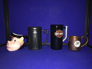 (3) Harley Davidson Beer/Coffee Mugs & (1) Copper Cup.