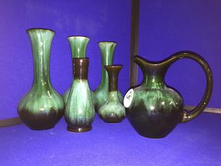 (5) Blue Mountain Pottery Vases & (1) Pitcher.