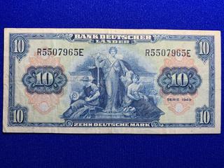 1949 West Germany Ten Deutsche Mark Bank Note S/N R5507965E.