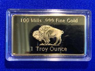 One Troy Ounce .999 Gold Plated Bar **Base Metal Unknown**.