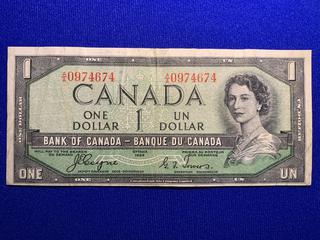 1954 Canada One Dollar "Devil's Face" Bank Note, S/N AA0974674.