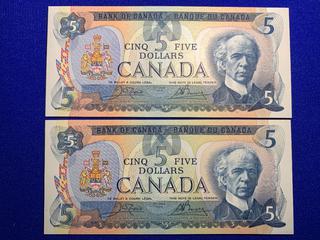 (2) Sequential 1979 Canada Five Dollar Uncirculated Bank Notes, S/N 30543064161 - 30543064162.