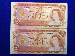 (2) Sequential 1974 Canada Two Dollar Uncirculated Bank Notes, S/N ARA4465948 - ARA4465949.