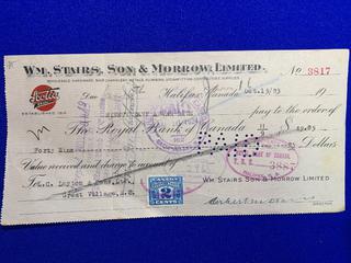 1923 VM. Stairs, Son & Morrow, Limited Cheque No. 3817.