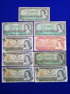 (9) Assorted Canada One and Two Dollar Bank Notes.