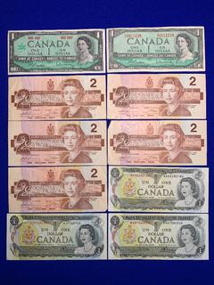 (10) Assorted Canada One and Two Dollar Bank Notes.