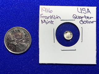 Franklin Mint 1916 USA Quarter Dollar Mini Coin.