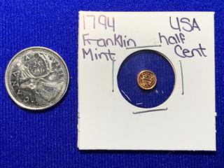 Franklin Mint 1794 USA Half Cent Mini Coin.