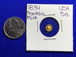 Franklin Mint 1834 USA Five Dollar Mini Coin.