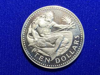 1975 Barbados Ten Dollar .999 Fine Silver Coin.