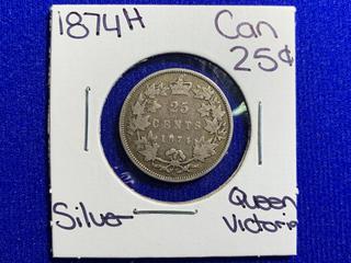 1874 Canada Twenty Five Cent Silver Coin.