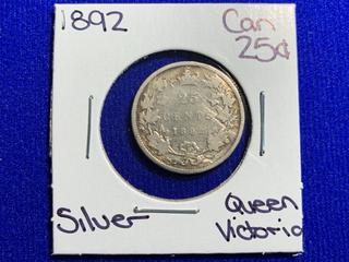 1892 Canada Twenty Five Cent Silver Coin.