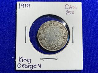 1919 Canada Twenty Five Cent Silver Coin.