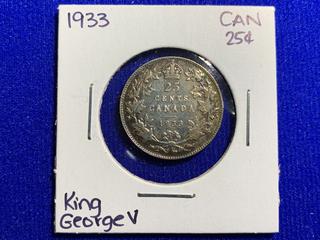 1933 Canada Twenty Five Cent Silver Coin.