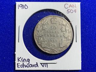 1910 Canada Fifty Cent Silver Coin.