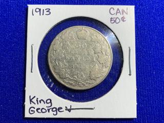 1913 Canada Fifty Cent Silver Coin.