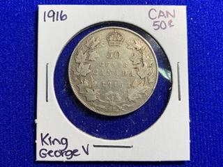 1916 Canada Fifty Cent Silver Coin.