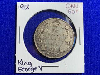 1918 Canada Fifty Cent Silver Coin.