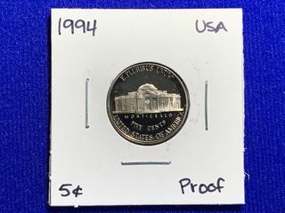 1994 USA Five Cent Silver Proof Coin.