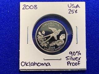 2008 USA Quarter Dollar Silver Proof Coin "Oklahoma".