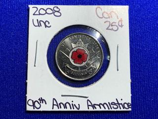 2008 Canada Twenty Five Cent Colour Printed Coin "Armistice 90th Anniversary".