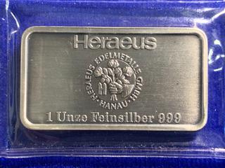 Heraeus One Ounce .999 Fine Silver Bar.