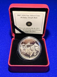 2007 Canada Twenty Dollar .9999 Fine Silver Coin "Holiday Sleigh Ride" c/w Display Case.