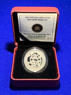 2013 Canada Ten Dollar .9999 Fine Silver Coin "Year of The Snake" c/w Display Case.