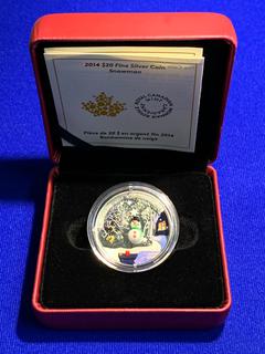 2014 Canada Twenty Dollar .9999 Fine Silver Colour Printed Coin "3D Snowman".