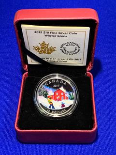 2015 Canada Ten Dollar .9999 Fine Silver Colour Printed Coin "Winter Scene" c/w Display Case.