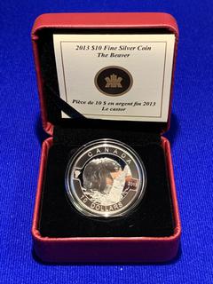 2013 Canada Ten Dollar .9999 Fine Silver Coin "The Beaver" C/w Display Case.