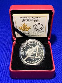 2015 Canada Twenty Dollar .9999 Fine Silver Coin "Battle of Britain" c/w Display Case.