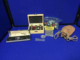 Assorted Marbles, Key Chain Kit w/ Red LED Light, Frontier Las Vegas Free Room Token.