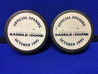 (2) October 1995 Canadian Airlines Saddle done Collectable Hockey Pucks.