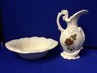 Floral & White Picher & Dish.