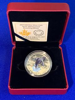 2017 Canada Twenty Dollar .9999 Fine Silver Colour Printed Coin "3D Breaching Whale".