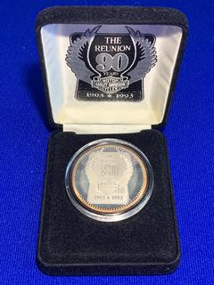 1993 One Troy Ounce .999 Fine Silver Harley Davidson 90th Reunion Token.