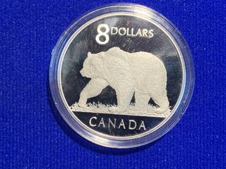 2004 Canada Eight Dollar .9999 Fine Silver Coin c/w Display Case *Missing Stamps*.