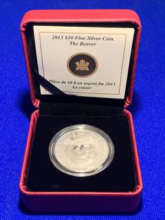 2013 Canada Ten Dollar .9999 Fine Silver Coin "The Beaver" c/w Display Case.