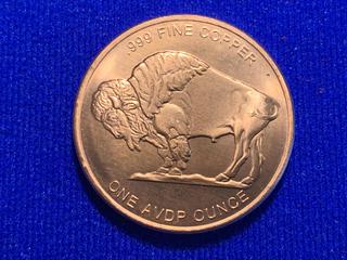 One AVPD Ounce .9999 Fine Copper Token "Buffalo Nickle".