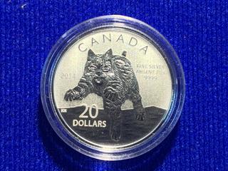 2014 Canada Twenty Dollar .9999 Fine Silver Coin "Bobcat".