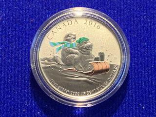 2016 Canada Twenty Five Dollar .9999 Fine Silver Colour Printed Coin "Beaver Toboggan".