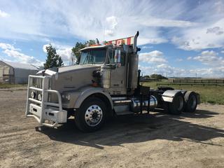 1997 Kenworth T800 T/A Truck Tractor c/w Cat 3406E, Eaton Fuller 18 Spd, A/C, 5443 Kg Front, 9979 Kg x 2 Rear Axles, Air Ride Susp., Tulsa Winch, PTO, Wet Kit, Left & Right Amber Beacons, Wide Load Sign On Roof, 11R24.5 Tires. Safety Expires 04/2022. Showing 779,430 Kms, VIN 1XKDDB9X5VR945261