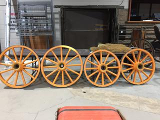 (4) Decorative Vintage Wooden Wagon Wheels (2) @ 40" Diameter & (2) @ 36" Diameter. Control # 8174.
