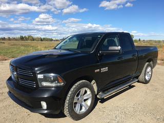 2015 Dodge Ram 1500 Quad Cab 4x4 P/U c/w 5.7L V8 Hemi, Auto, A/C, Factory Trailer Brake Assist, Touch Screen Display, Sunroof, Showing 277,965 Kms, VIN 1C6RR7HT9FS564013