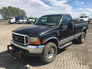 1999 Ford F250 XLT Super Duty 4x4 P/U c/w 7.3L V8 Turbo Diesel, Auto, A/C, Hijacker GN 34SL Gooseneck Hitch, Front End Prepped For Plow, Showing 581,448 Kms. VIN 1FTNF21F6XED73933.