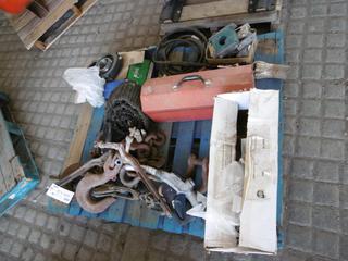 Pallet of Chain Hooks, Clevices, Boomers, Propane Torch.