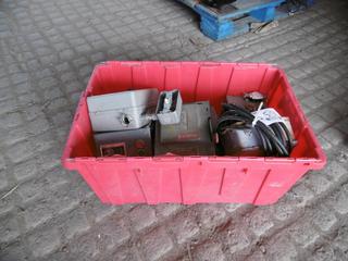 Red Bin w/ Panel Boxes, Electrical On/Off Switches.
