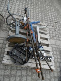 Stool, Rolling Dolly, Pipe Stand & Pipe Clamps.